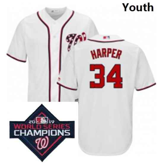 Youth Majestic Washington Nationals 34 Bryce Harper White Home Cool Base MLB Stitched 2019 World Series Champions Patch Jersey